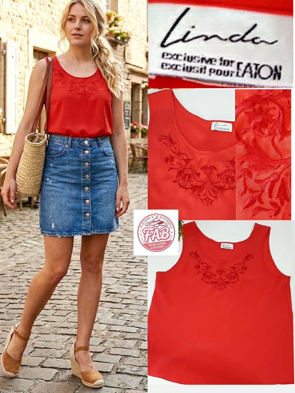 🔖90's Camisole Top❤Linda Eaton❤Red Embroidered |Round Neck